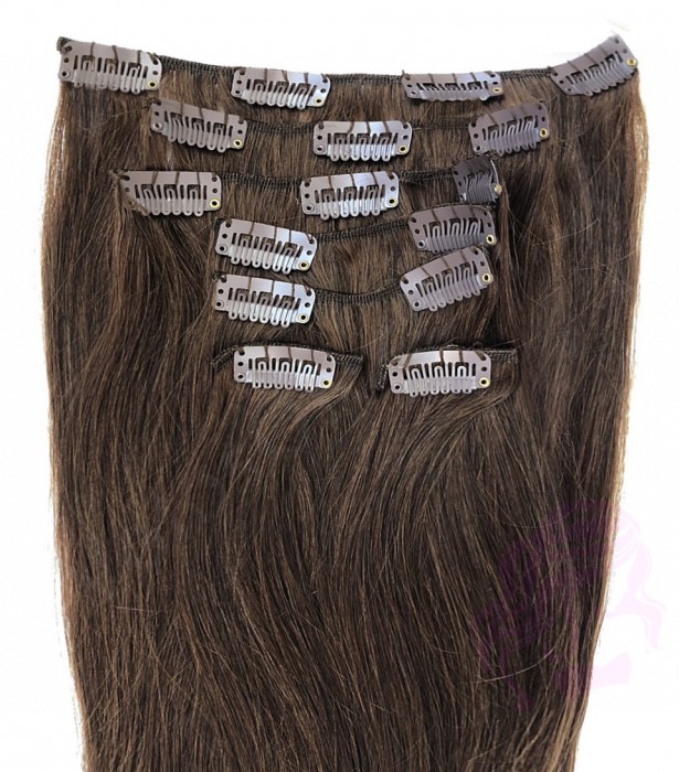 Натуральне волосся на заколках 60 см, 7 пасм, темно-коричневе (№02)