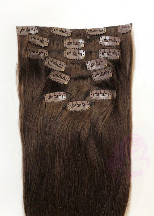 Натуральные волосы на заколках 60 см, 8 прядей, темно-коричневые  (№02)