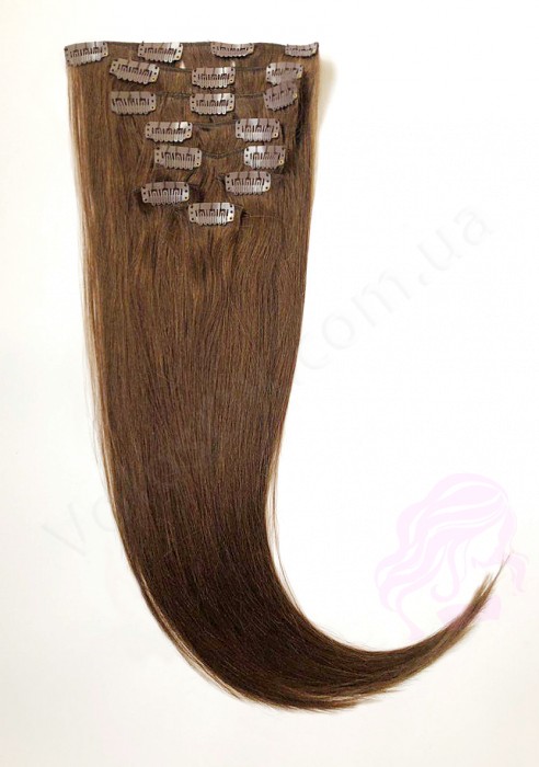 Натуральне волосся на заколках 60 см, 8 пасм, коричневі (№04)