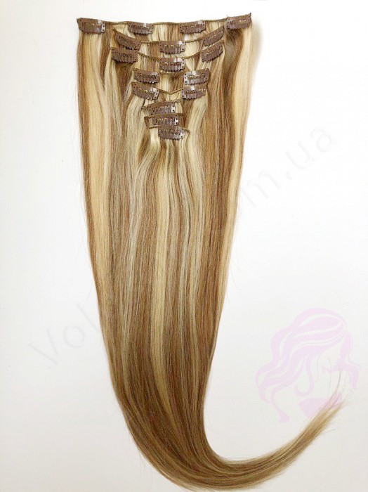 Натуральне волосся на заколках 60 см, 8 пасм, русяве з меліруванням (№12/613)