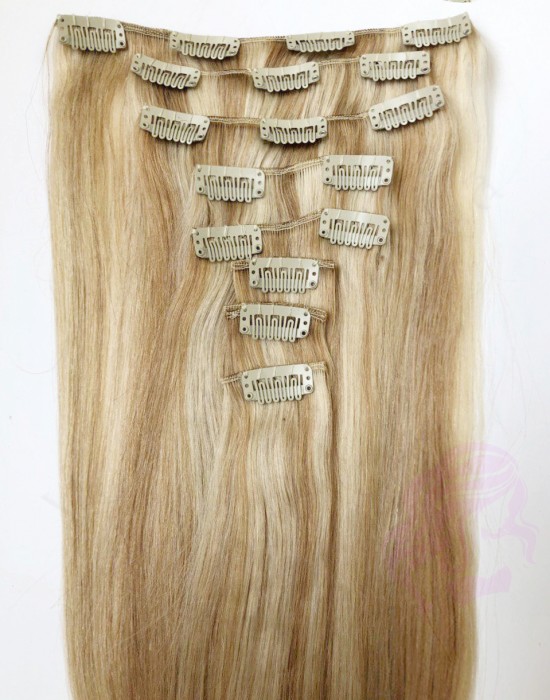 Натуральные волосы на заколках 60 см, 8 прядей, темный блонд с мелированием (№27/613)