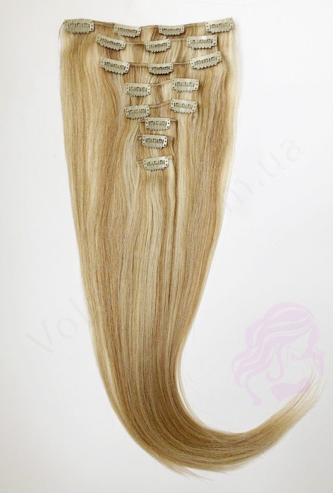 Натуральные волосы на заколках 60 см, 8 прядей, темный блонд с мелированием (№27/613)