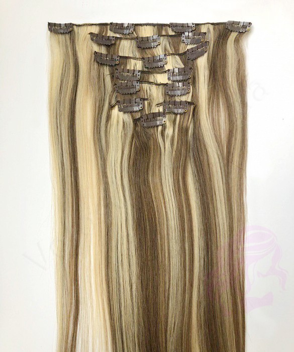 Натуральне волосся на заколках 60 см, 8 пасм, горіх з меліруванням (№08/613)