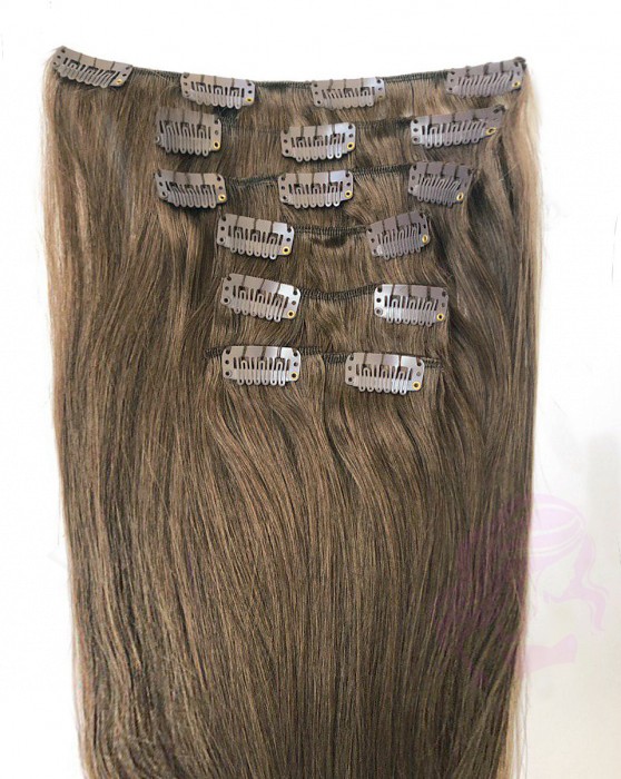 Натуральные волосы на заколках 38 см, 7 прядей, 70 грамм, светло-коричневые (№06)