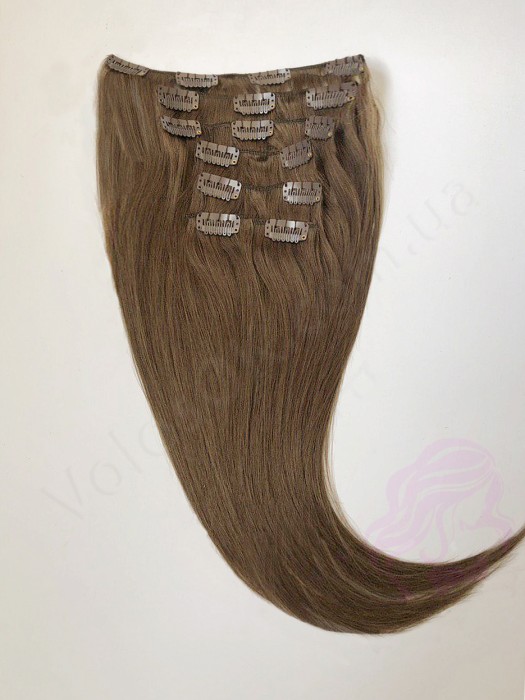 Натуральные волосы на заколках 38 см, 7 прядей, 70 грамм, светло-коричневые (№06)