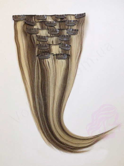 Натуральные волосы на заколках 38 см, 7 прядей, 70 грамм, орех с мелированием (№08/613)