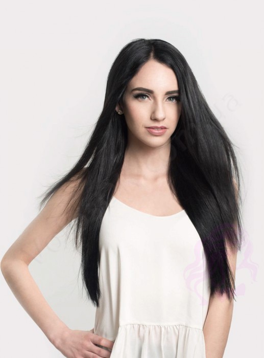 Натуральне волосся на заколках 50 см, 1 пасмо x 20 см, чорні (№01) Натуральне волосся на заколках 50 см, 1 пасмо x 20 см, чорні (№01)