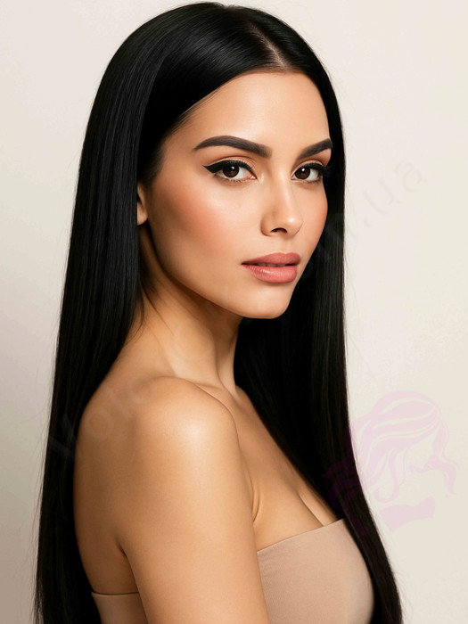 Натуральне волосся на заколках 50 см, 1 пасмо x 20 см, чорні (№01) Натуральне волосся на заколках 50 см, 1 пасмо x 20 см, чорні (№01)