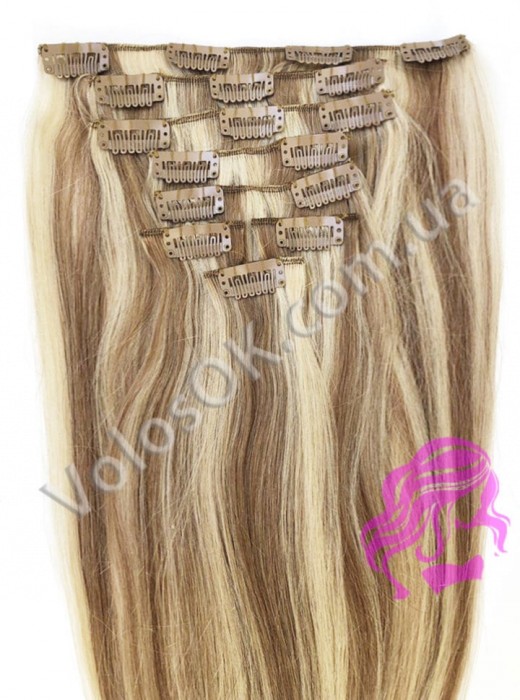 Натуральные волосы на заколках 50 см, 8 прядей, русые с мелированием(№12/613) Натуральные волосы на заколках 50 см, 8 прядей, русые с мелированием(№12/613)