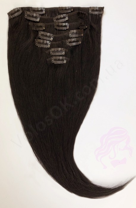 Натуральные волосы на заколках 38 см, 7 прядей, 70 грамм, черно-коричневые (№1B)