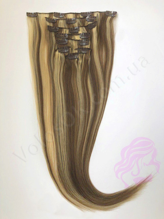 Натуральные волосы на заколках 60 см, 8 прядей, коричневые с мелированием (№04/27)