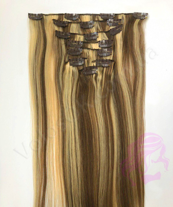 Натуральные волосы на заколках 60 см, 8 прядей, коричневые с мелированием (№04/27)