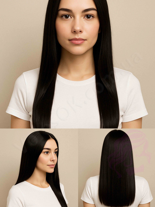 Натуральные волосы на заколках 38 см, 7 прядей, 100 грамм, черные (№01)