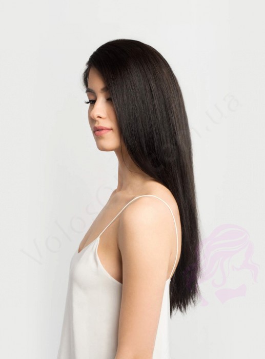 Натуральные волосы на заколках 38 см, 7 прядей, 100 грамм, черно-коричневые (№1B)