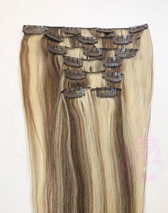 Натуральные волосы на заколках 38 см, 7 прядей, 100 грамм, орех с мелированием (№08/613)