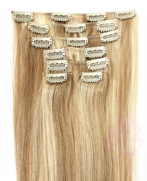 Натуральные волосы на заколках 38 см, 7 прядей, 100 грамм, светло-русые с мелированием (№18/613)