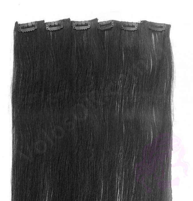 Натуральные волосы на заколках 50 см, 6 прядей, черные (№01)