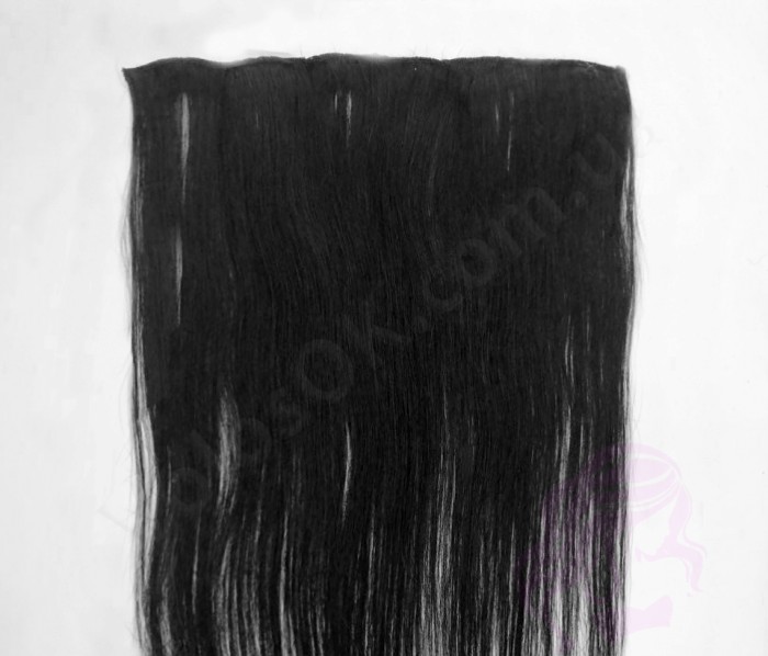 Натуральные волосы на заколках 50 см, 6 прядей, черные (№01)