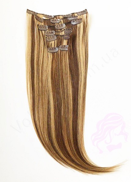Натуральне волосся на заколках 50 см, 7 пасм, коричневі з темним блондом (№04/27)