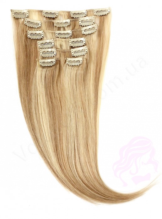 Натуральне волосся на заколках 50 см, 7 пасм, світло-русяве з меліруванням (№18/613)