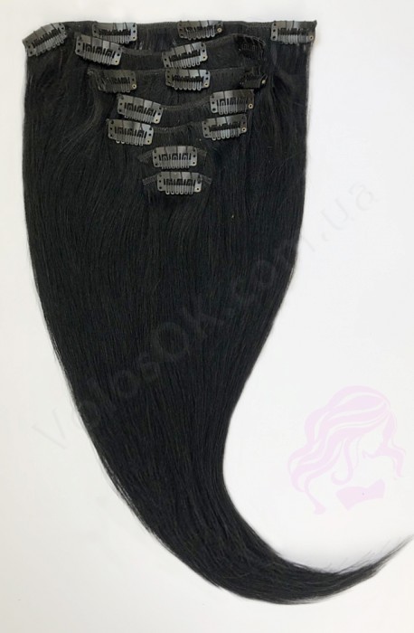 Натуральные волосы на заколках 38 см, 7 прядей, 70 грамм, черные (№01)