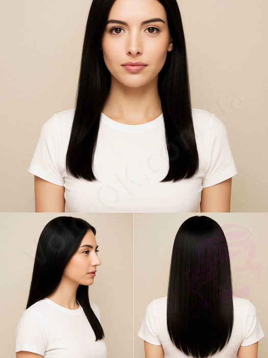 Натуральные волосы на заколках 38 см, 7 прядей, 70 грамм, черные (№01)