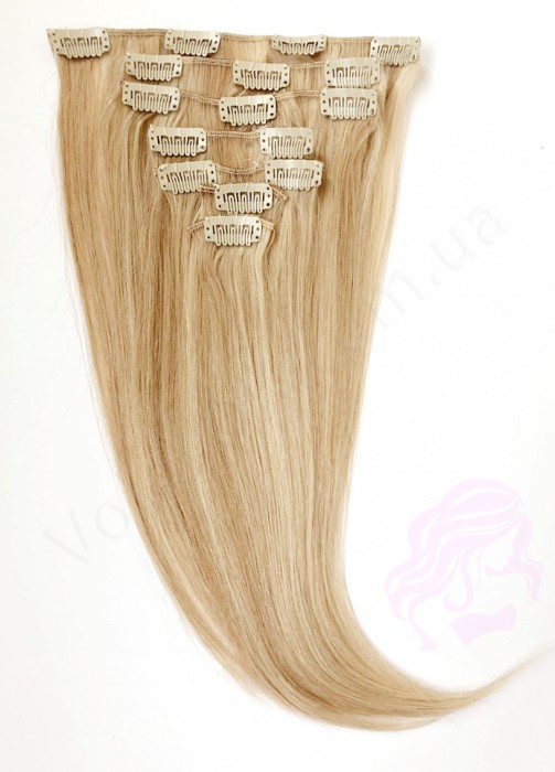 Натуральне волосся на заколках 50 см, 7 пасм, темний блонд з меліруванням (№27/613)