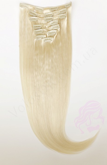Натуральные волосы на заколках 60 см, 8 прядей, светлый блонд (№613)