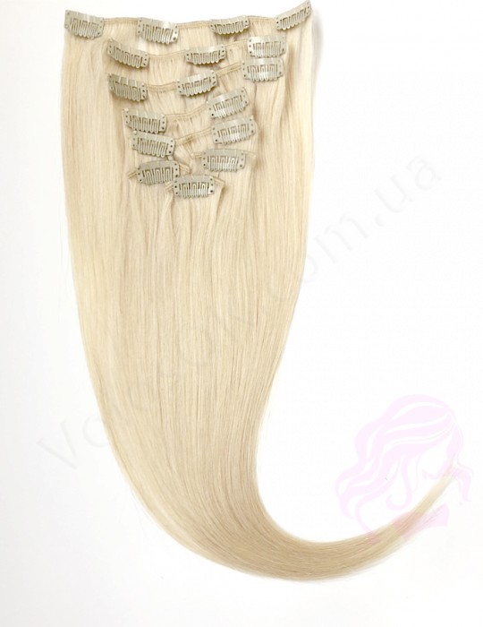 Натуральне волосся на заколках 50 см, 8 пасм, супер блонд (№60)