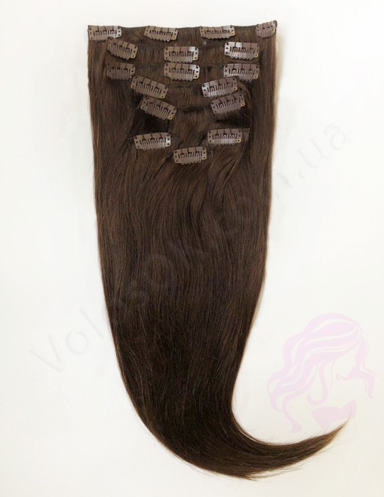 Натуральне волосся на заколках 50 см, 8 пасм, темно-коричневе (№02) Натуральне волосся на заколках 50 см, 8 пасм, темно-коричневе (№02)