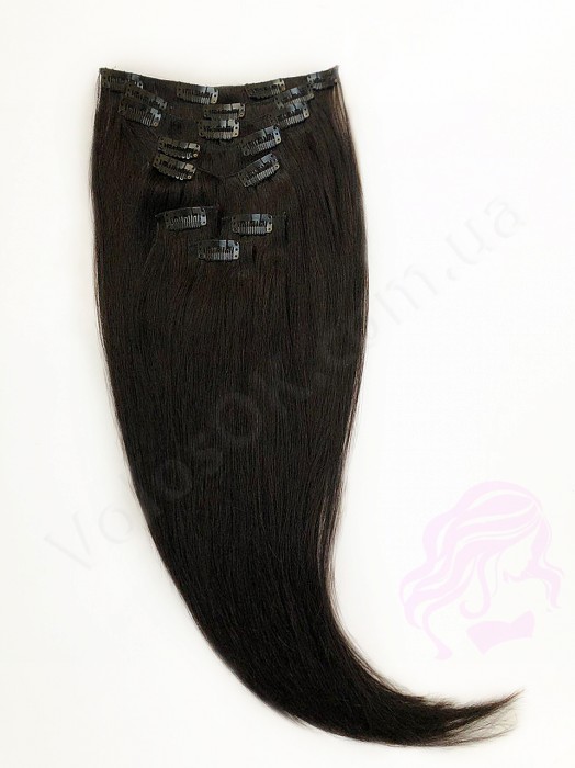 Натуральне волосся на заколках 60 см, 8 пасм, чорно-коричневе (№1B)