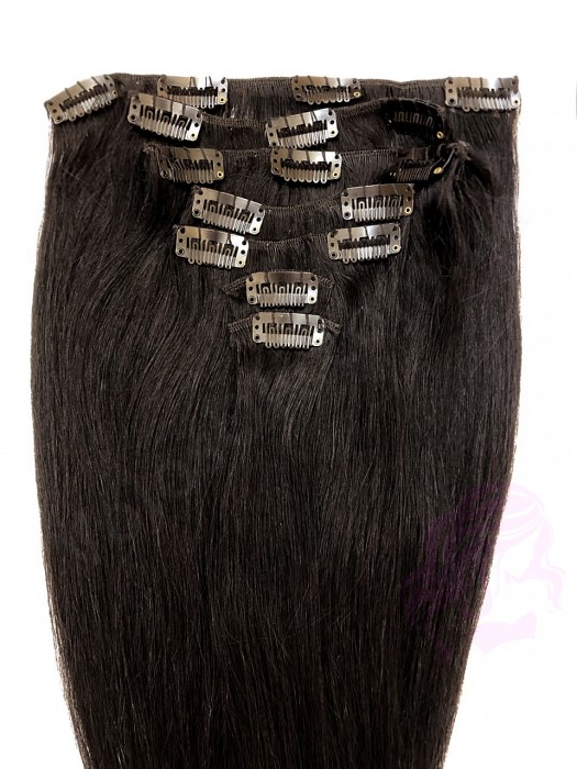 Натуральне волосся на заколках 60 см, 7 пасм, чорно-коричневе (№1B)