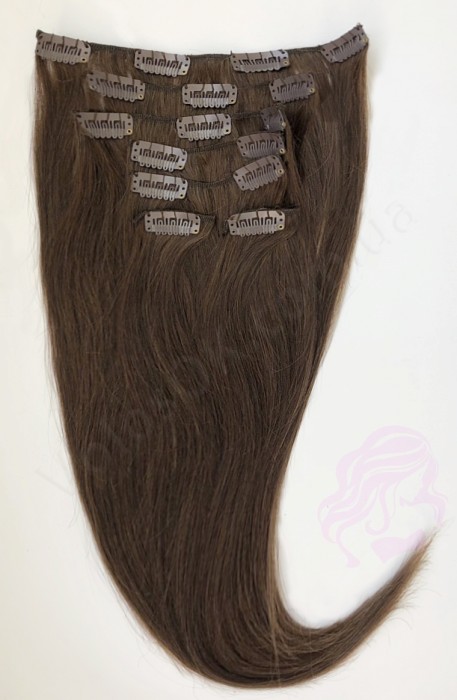 Натуральные волосы на заколках 38 см, 7 прядей, 70 грамм, темно-коричневые (№02)