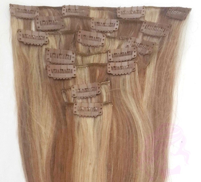 Натуральные волосы на заколках 50 см, 7 прядей, русые с мелированием (№12/613)