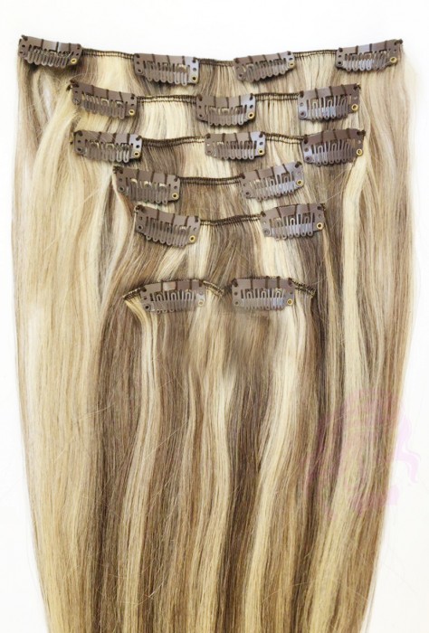 Натуральне волосся на заколках 50 см, 7 пасм, горіх з меліруванням (№08/613)