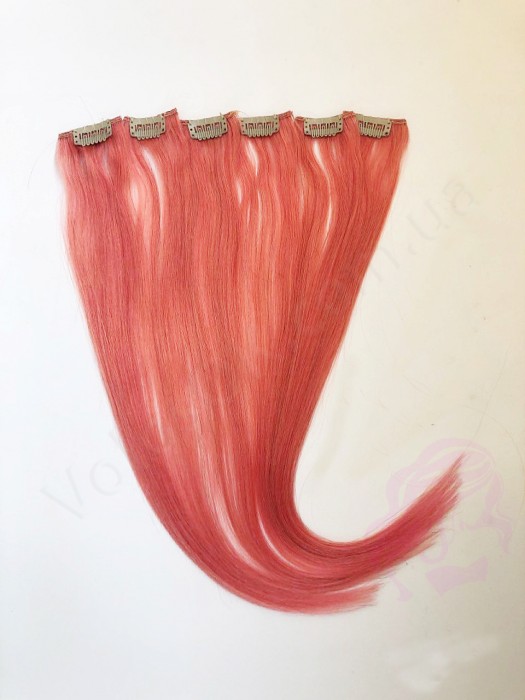 Натуральные волосы на заколках 50 см, 6 прядей, розовые