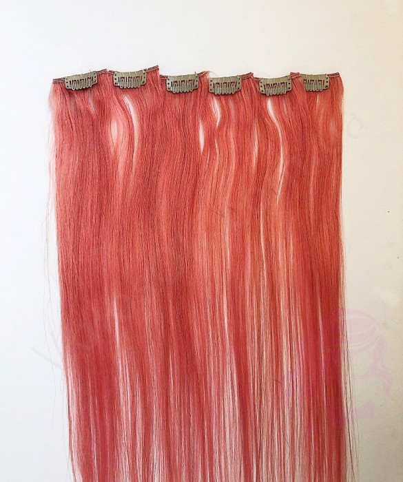 Натуральные волосы на заколках 50 см, 6 прядей, розовые