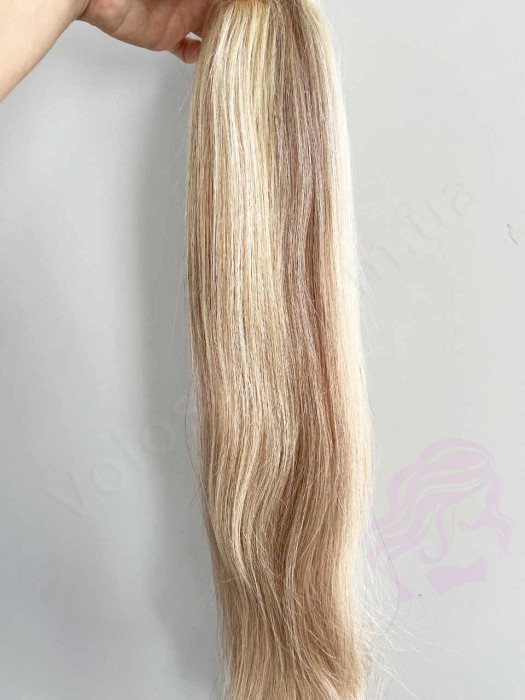 Накладний хвіст з натурального волосся, 50 см, 100 г, русявий з меліруванням 12/613.