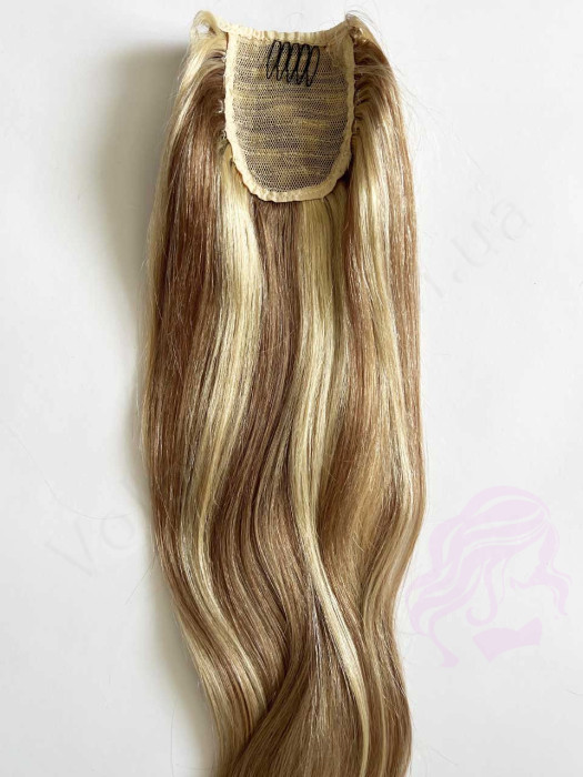Накладний хвіст з натурального волосся, 50 см, 100 г, русявий з меліруванням 12/613.