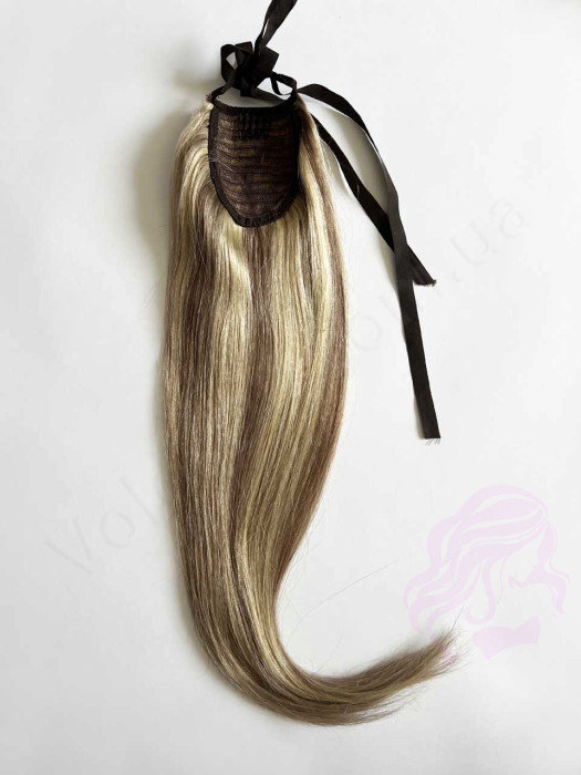 Накладний хвіст з натурального волосся, 50 см, 100г, горіх з меліруванням №08/613