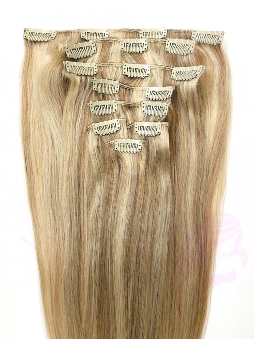 Натуральне волосся на заколках 50 см, 8 пасм, світло-русяве з меліруванням (№18/613)