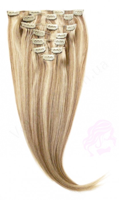 Натуральне волосся на заколках 50 см, 8 пасм, світло-русяве з меліруванням (№18/613)