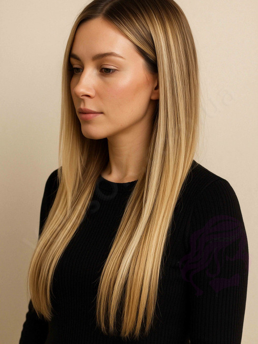 Натуральне волосся на заколках 50 см, 8 пасм, світло-русяве з меліруванням (№18/613)