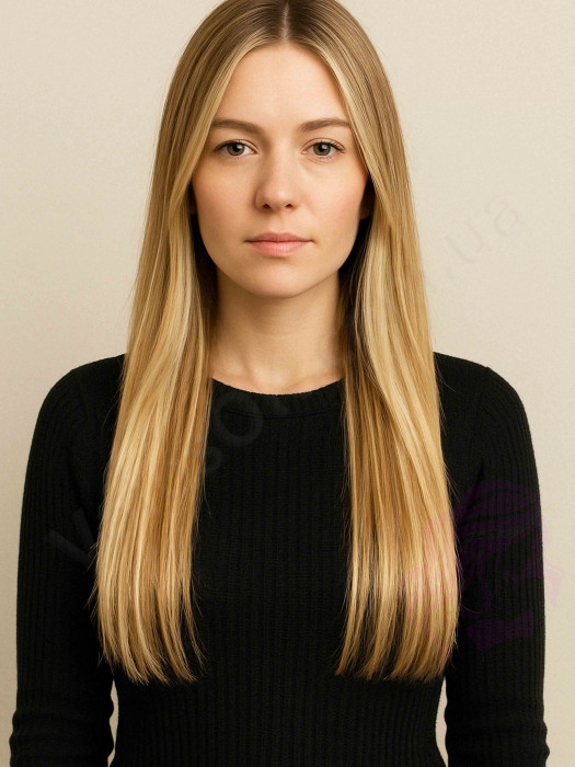 Натуральне волосся на заколках 50 см, 8 пасм, світло-русяве з меліруванням (№18/613)