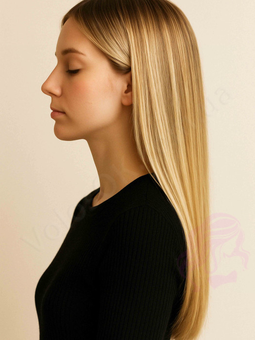 Натуральне волосся на заколках 50 см, 8 пасм, світло-русяве з меліруванням (№18/613)