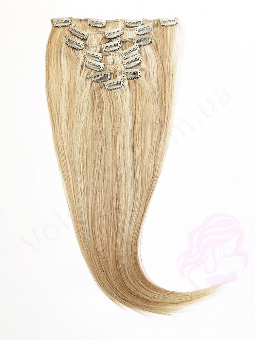 Натуральне волосся на заколках 50 см, 8 пасм, темний блонд з меліруванням (№27/613)